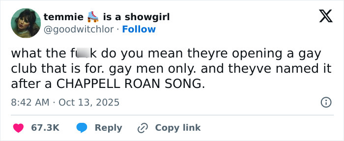 Screenshot of a viral tweet criticizing a men-only gay bar amid allegations of blatant misogyny from lesbians.