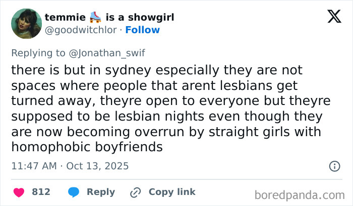 Tweet discussing lesbian spaces in Sydney facing challenges as men-only gay bar sparks outrage over alleged misogyny.