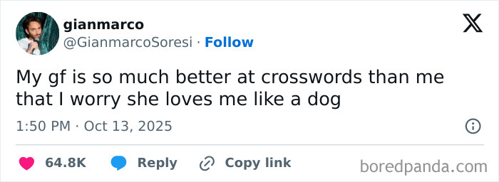 Tweet by Gianmarco humorously commenting on crosswords and love, featured in Netflix gotta add a comment section October tweets.
