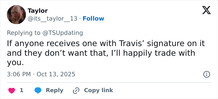 Tweet from a Taylor Swift fan offering to trade albums signed by Travis Kelce, sparking tradwife fan reactions.