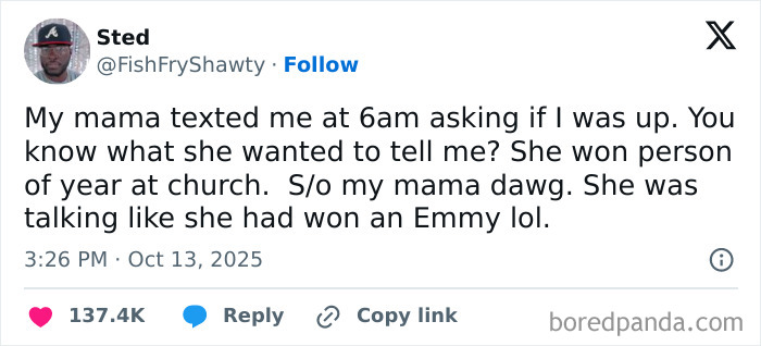 Tweet text humorously describing a mother winning person of the year at church, highlighting hilarious October tweets.