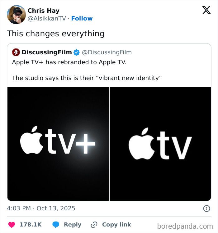 Tweet showing Apple TV plus rebranded to Apple TV with a humorous comment on Netflix gotta add a comment section.