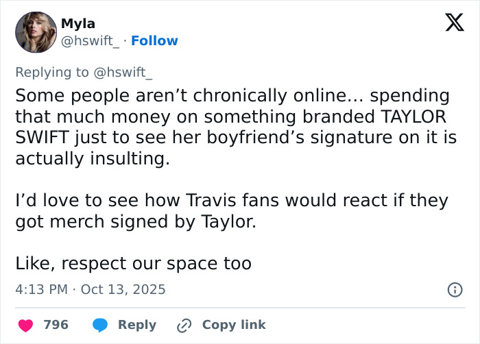 Tweet reacting to Taylor Swift fans furious after Travis Kelce autographed her albums causing outrage online.