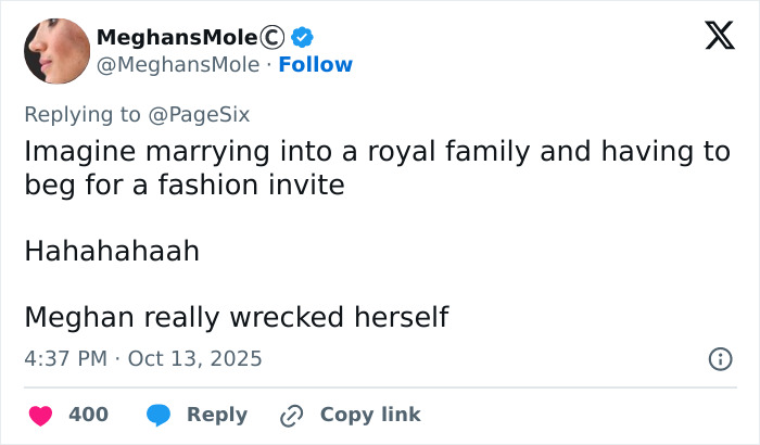 Tweet screenshot discussing Meghan Markle and Paris Fashion Week, mentioning Balenciaga designer and a fashion invite incident.