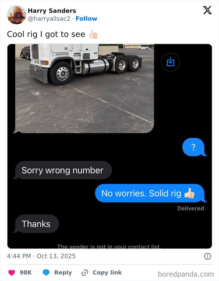 Screenshot of a humorous tweet from October showing a mistaken text about a truck with a solid rig comment.