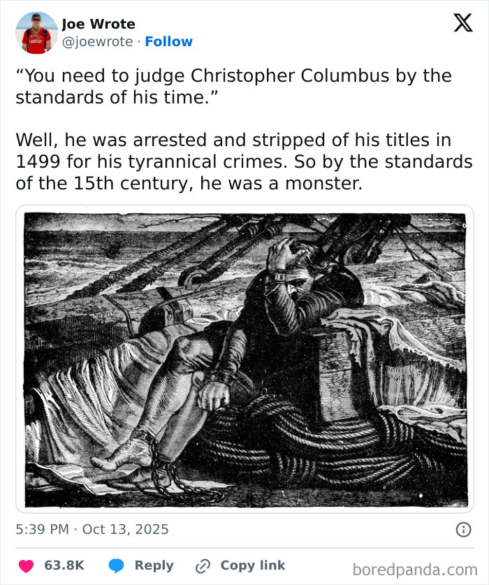 Tweet discussing Christopher Columbus's crimes with a black and white illustration reflecting dystopic society themes.