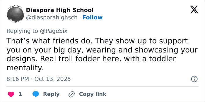 Tweet screenshot showing a user defending support for designers at Paris Fashion Week amid Meghan Markle controversy.