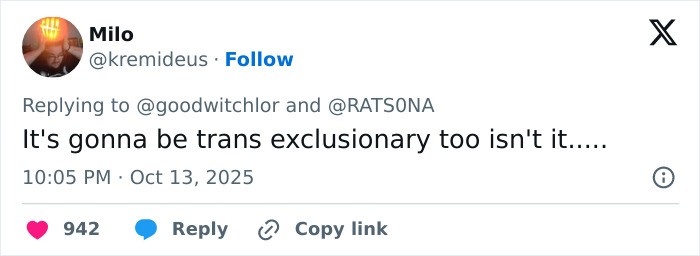 Tweet from user Milo expressing concern about trans exclusionary policies related to a men-only gay bar sparking outrage.