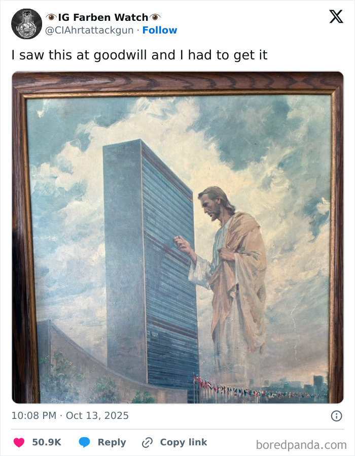 Painting of a figure resembling Jesus interacting with a tall modern building, shared in a tweet about Netflix and comment sections.