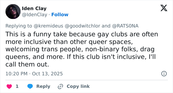 Tweet discussing inclusivity in gay clubs, addressing controversy over men-only gay bar and accusations of blatant misogyny.