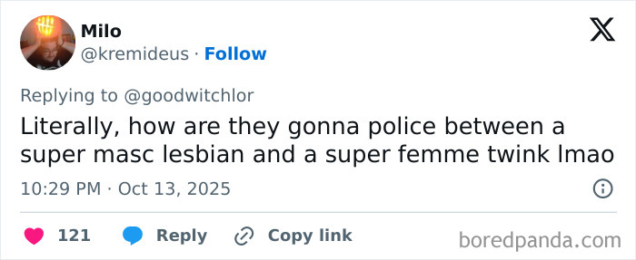 Tweet discussing conflict between a masculine lesbian and a femme twink, related to men-only gay bar and accusations of misogyny.