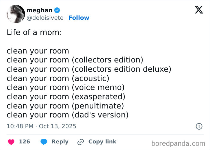Tweet from a parent humorously listing different versions of telling kids to clean their room on social media platform X.