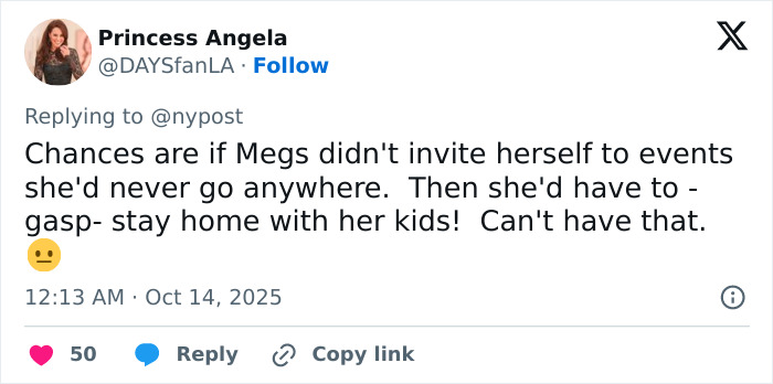 Tweet discussing Meghan Markle inviting herself to events, with commentary on Paris Fashion Week and Balenciaga designer context.