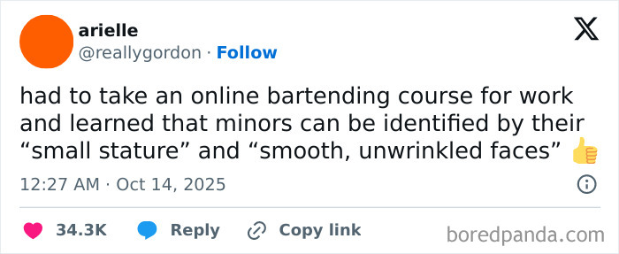 Tweet about an online bartending course revealing how minors can be identified by small stature and smooth, unwrinkled faces.