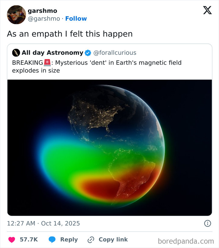 Screenshot of a humorous tweet about Earth’s magnetic field with vibrant colored heat map, shared on Netflix comment section.