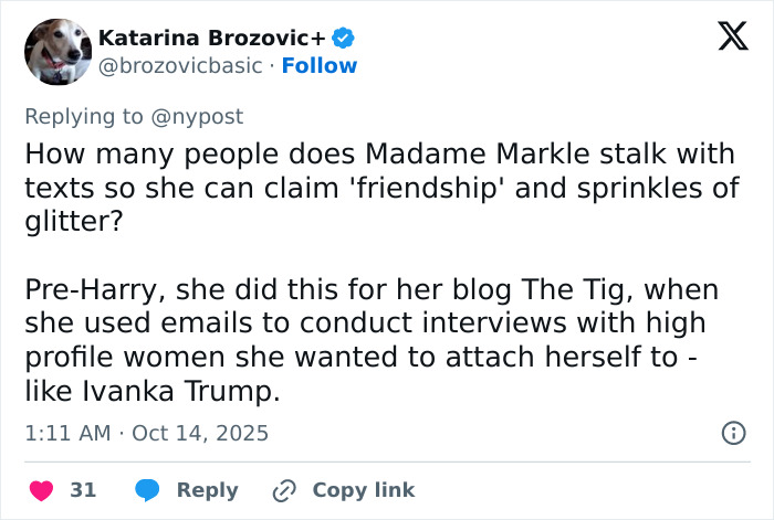 Screenshot of a tweet criticizing Meghan Markle's approach to building connections before Paris Fashion Week and Balenciaga events.