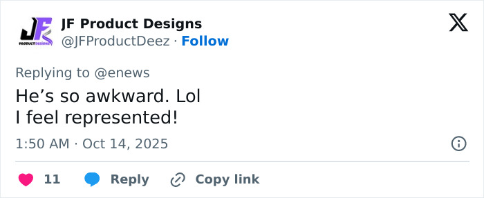 Tweet by JF Product Designs expressing amusement about Keanu Reeves finally breaking silence on Alexandra Grant marriage rumors.