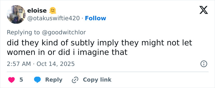 Tweet discussing the men-only gay bar controversy and accusations of blatant misogyny by lesbians after viral post.