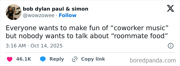 Tweet about coworker music and roommate food humor, highlighting Netflix gotta add a comment section trending tweets.