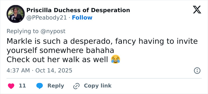 Screenshot of a tweet mocking Meghan Markle apparently inviting herself to Paris Fashion Week, with laughing emoji included.