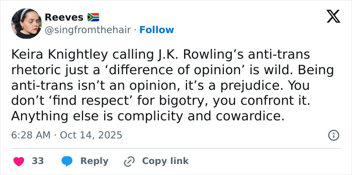 Tweet criticizing Keira Knightley for allegedly laughing at trans activists' boycott related to Harry Potter controversy.