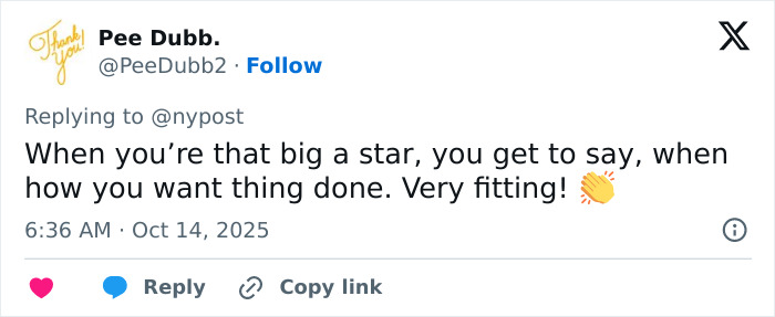 Tweet discussing Meghan Markle inviting herself to Paris Fashion Week, shared by user Pee Dubb with a clapping emoji.