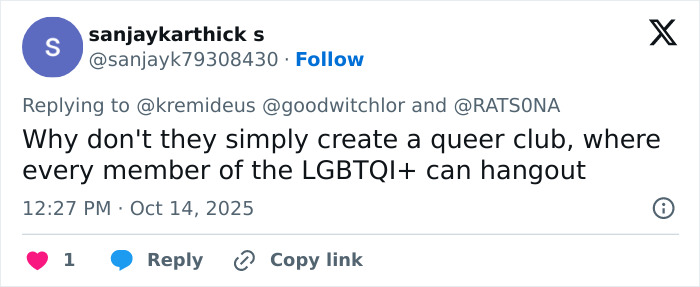 Screenshot of a tweet discussing LGBTQI+ inclusion amid controversy over men-only gay bar and accusations of misogyny.