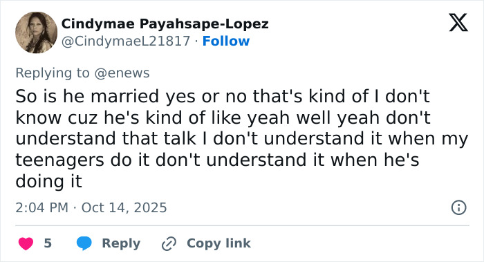 Tweet from Cindynmae Payahsape-Lopez questioning Keanu Reeves Alexandra Grant marriage rumors and expressing confusion over the topic.