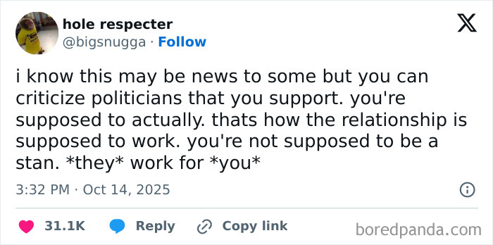 Social media post explaining the importance of criticizing politicians you support in a dystopic society.