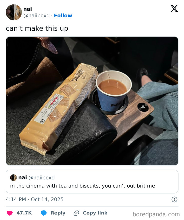 Cinema snack setup with tea and biscuits, highlighting funny Netflix gotta add a comment section tweets.
