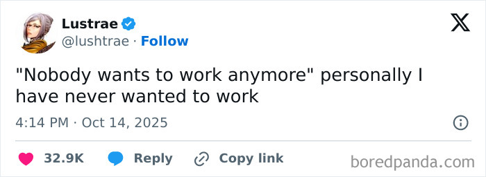Tweet joking about not wanting to work, featured in Netflix gotta add a comment section October tweets collection.
