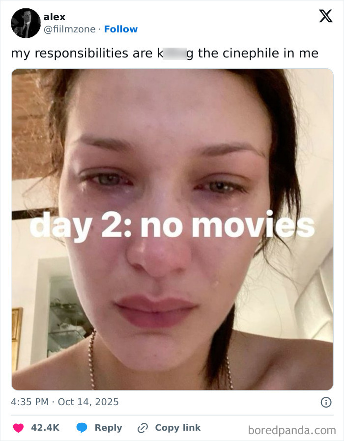 A close-up of a teary woman’s face with text overlay about no movies, illustrating Netflix tweet humor.