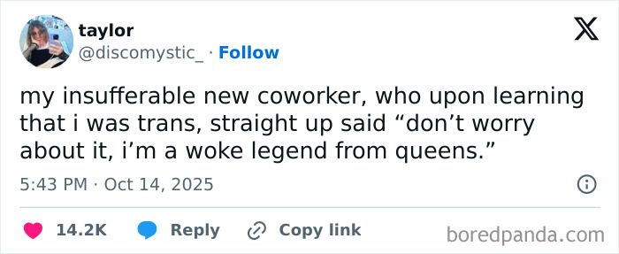 Screenshot of a humorous tweet about a new coworker, featured in Netflix gotta add a comment section viral tweets.