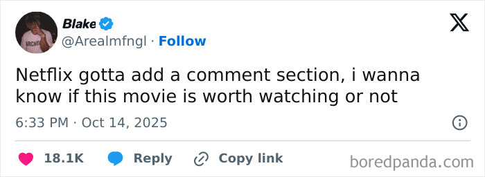 Screenshot of a tweet humorously asking Netflix to add a comment section to rate if a movie is worth watching.