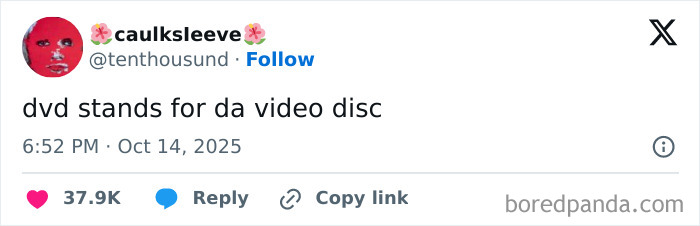 Tweet from user caulksleeve humorously defining DVD as da video disc, part of Netflix gotta add a comment section October tweets collection.