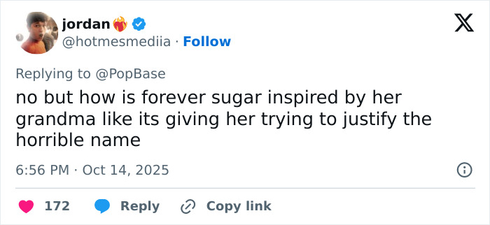 Tweet discussing pop star baffling fans by naming her son after her diabetes, sparking reactions about the unusual name choice.