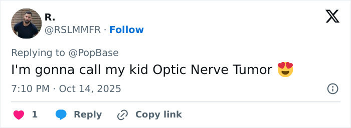 Tweet from a user humorously replying to pop star news about naming her son related to diabetes, baffling fans online.