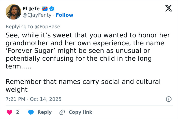 Tweet from El Jefe discussing pop star fans baffled by son's unusual name related to diabetes and social impact.