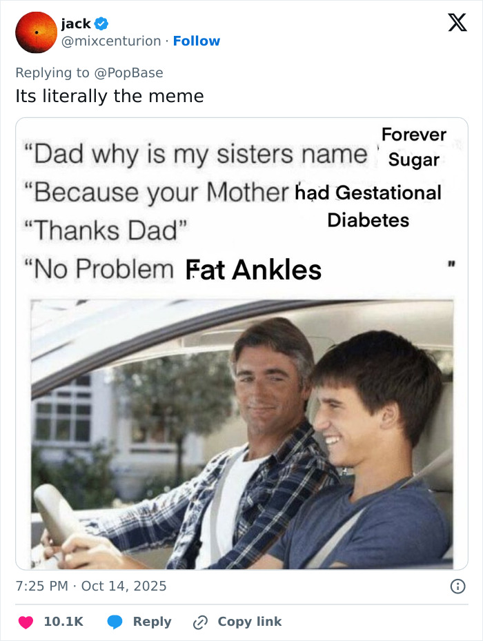 Father and son sitting in a car with meme text about naming inspired by gestational diabetes and sugar.