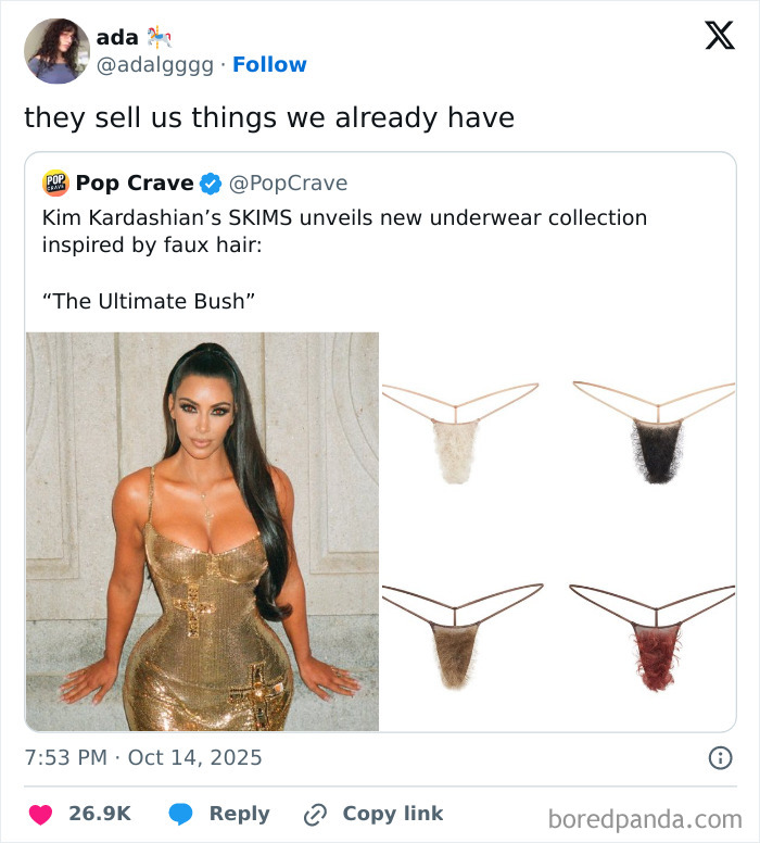 Tweet humor about Kim Kardashian's SKIMS underwear collection with a Netflix gotta add a comment section theme.