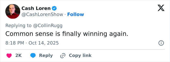 Tweet by Cash Loren stating common sense is finally winning, commenting on Keira Knightley laughing at trans activists' Harry Potter boycott.