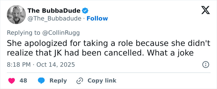 Tweet by The BubbaDude criticizing Keira Knightley&rsquo;s role choice amid trans activists' boycott of Harry Potter content.