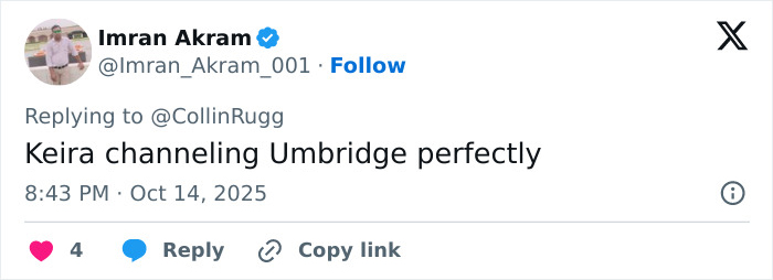 Tweet by Imran Akram referencing Keira Knightley and Umbridge, related to controversy involving trans activists and Harry Potter boycott.