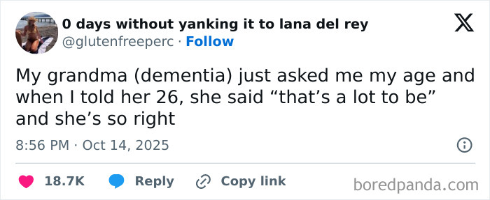 Screenshot of a humorous Netflix tweet about a grandma with dementia, showing a funny age comment on Twitter.