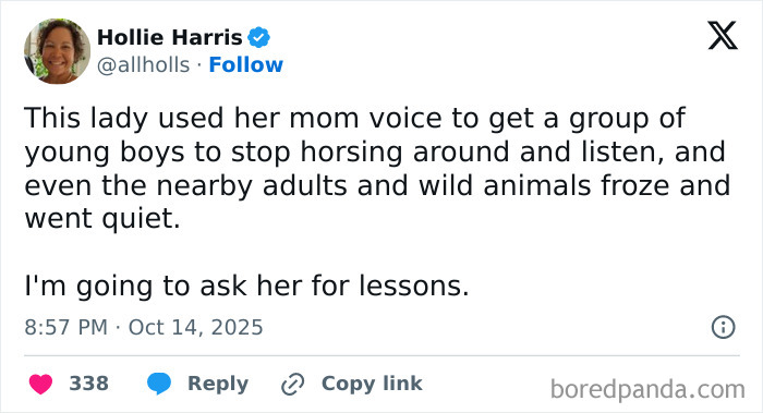 Tweet showing a humorous parenting moment shared by a mother, highlighting funny parents on X in October.