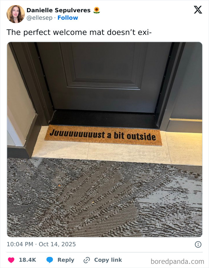 Doormat with text juuuuust a bit outside in front of a closed door from a Twitter post about Netflix gotta add a comment section.