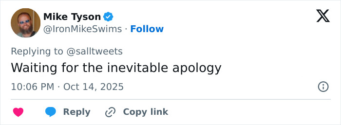 Tweet from verified Mike Tyson replying to a message, mentioning apology amid Keira Knightley and trans activists boycott debate.
