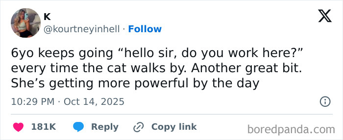 Parent sharing funny tweet about 6-year-old’s humorous interaction with cat, highlighting relatable parenting moments on X.