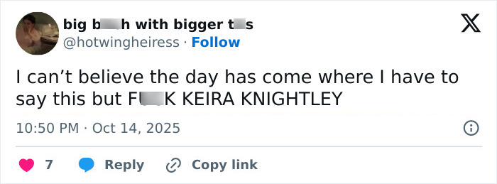 Tweet expressing strong backlash against Keira Knightley related to trans activists' boycott of Harry Potter.