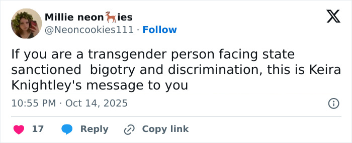 Tweet discussing Keira Knightley&rsquo;s message addressing transgender people facing discrimination and state-sanctioned bigotry.
